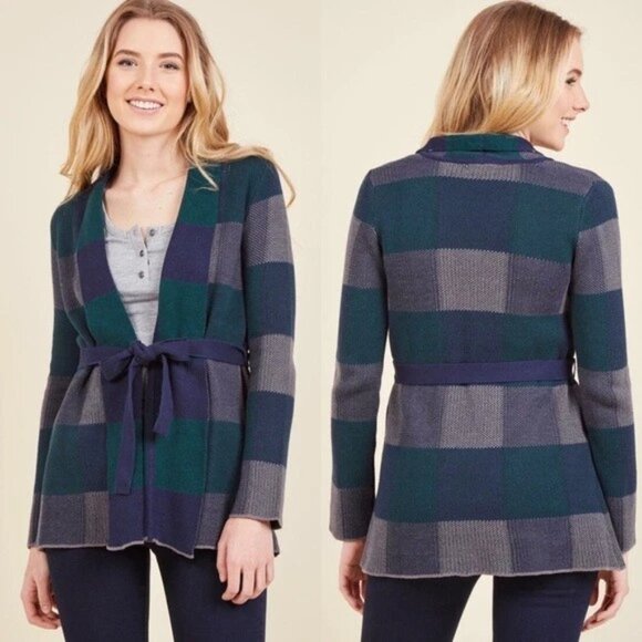 Modcloth Sweaters - MODCLOTH SIMPLY SNUGGLY PLAID CARDIGAN WOODLAND